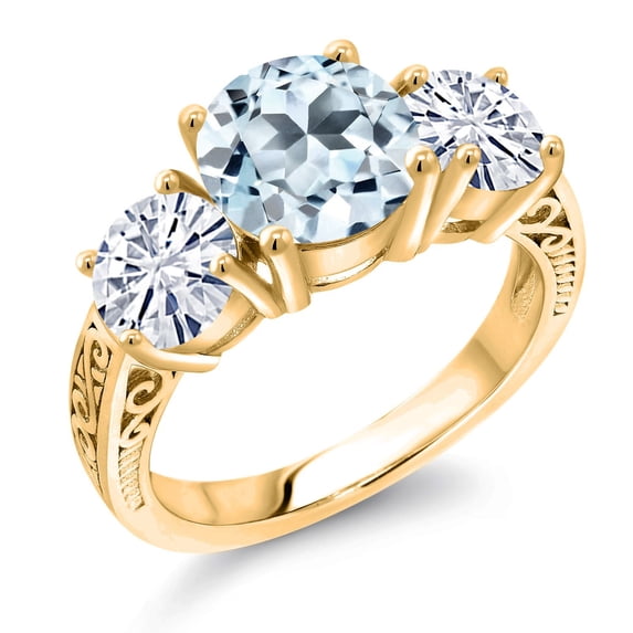 Gem Stone King 18K Yellow Gold Plated Silver Sky Blue Topaz and White Moissanite Engagement Ring for Women | 4.10 Cttw | Round 8MM | Gemstone November Birthstone | Size 9