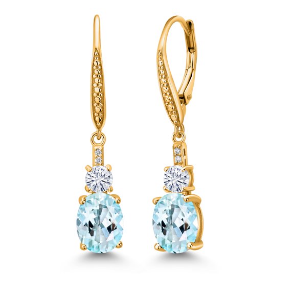 Gem Stone King 18K Yellow Gold Plated Silver Sky Blue Topaz and Moissanite Dangle Earrings for Women with Lab Grown Diamond (4.49 Cttw, Oval 9X7MM)