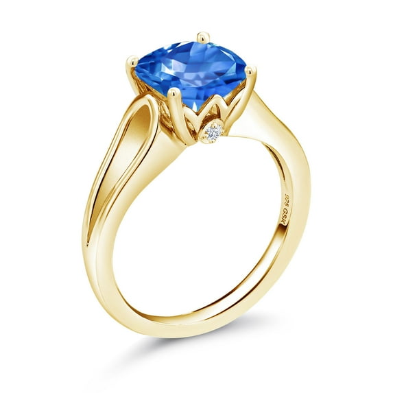 Gem Stone King 18K Yellow Gold Plated Silver Solitaire with Accent Stones Ring 9mm Set with Fancy Blue Zirconia (Size 9)