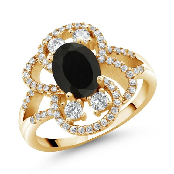 Gem Stone King 18K Yellow Gold Plated Silver Statement Ring Set with Oval Black Onyx (2.82 cttw) (Size 8)