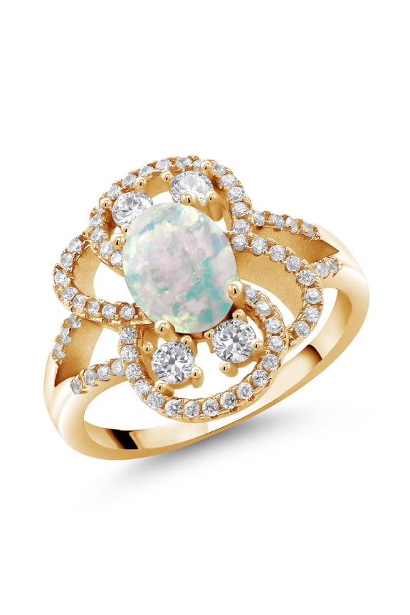 18K Yellow Gold Plated Silver Statement Ring Set with Oval Cabochon White Simulated Opal (1.82 cttw) (Size 5)