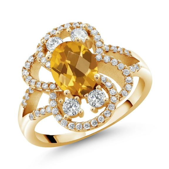 Gem Stone King 18K Yellow Gold Plated Silver Statement Ring Set with Oval Checkerboard Yellow Citrine (2.47 cttw) (Size 6)