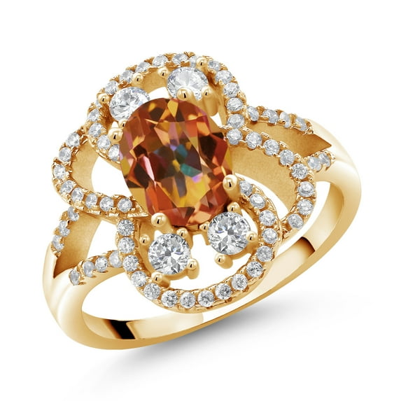 Gem Stone King 18K Yellow Gold Plated Silver Statement Ring Set with Oval Ecstasy Mystic Topaz (2.82 cttw) (Size 5)