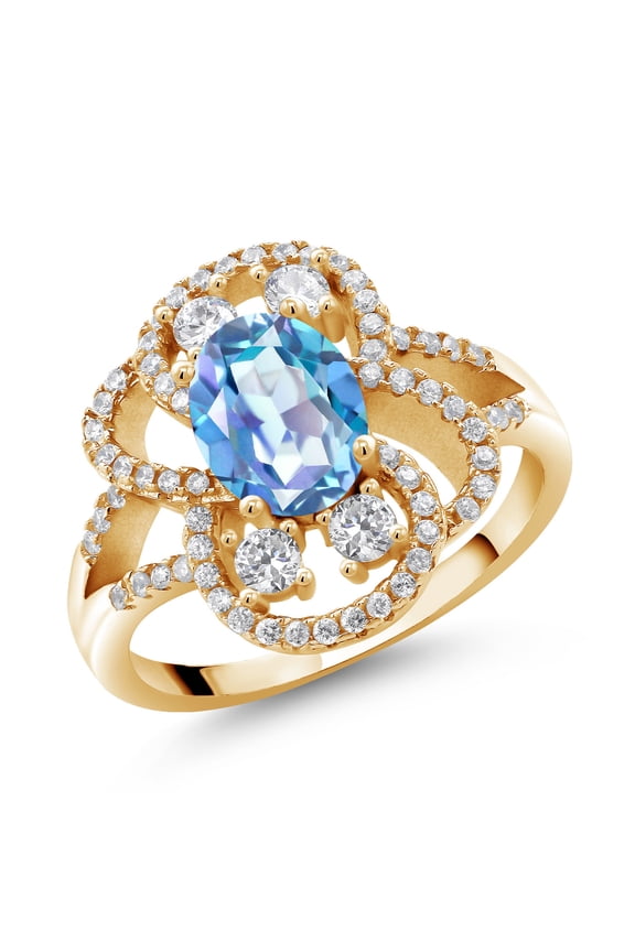 18K Yellow Gold Plated Silver Statement Ring Set with Oval Millennium Blue Mystic Quartz (2.62 cttw) (Size 7)