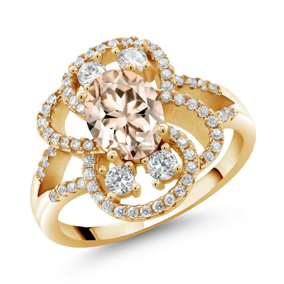 Gem Stone King 18K Yellow Gold Plated Silver Statement Ring Set with Oval Peach Morganite (2.42 cttw) (Size 8)
