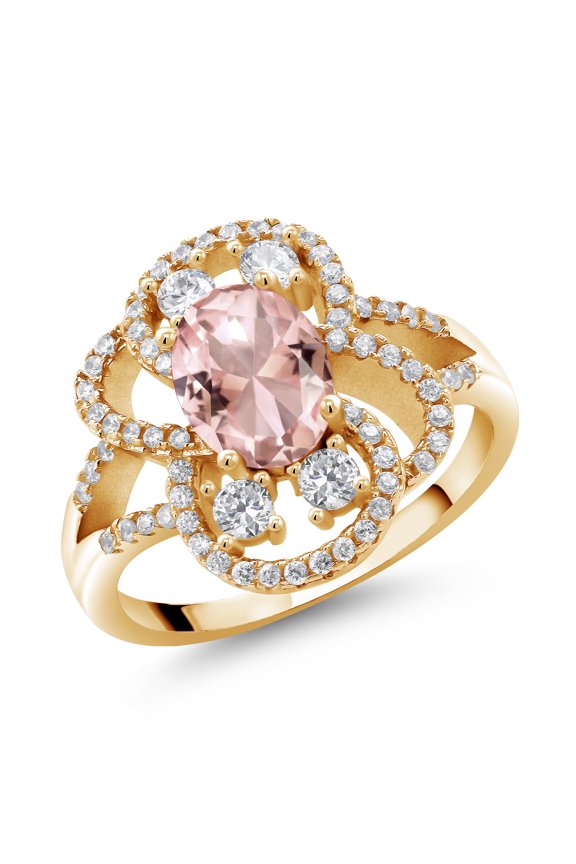 18K Yellow Gold Plated Silver Statement Ring Set with Oval Peach Nano Morganite (2.82 cttw) (Size 5)