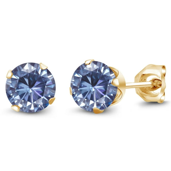 Gem Stone King 18K Yellow Gold Plated Silver Stud Earrings for Women Men Persian Blue Round Moissanite (1.60 Cttw)
