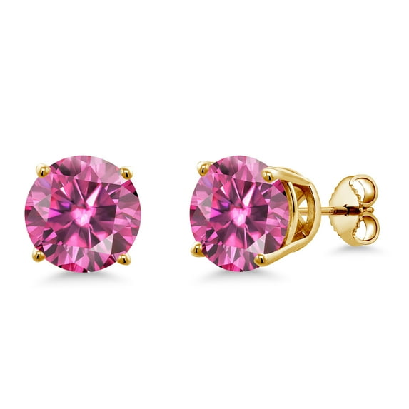 Gem Stone King 18K Yellow Gold Plated Silver Stud Earrings for Women Men Pink Round Moissanite (6.86 Cttw)
