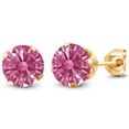 thumbnail image 1 of Gem Stone King 18K Yellow Gold Plated Silver Stud Earrings for Women Men Set with Round Red Zirconia, 1 of 5