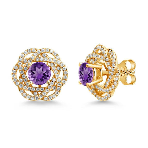 Gem Stone King 18K Yellow Gold Plated Silver Stud Earrings with Jackets Amethyst and Moissanite (2.72 Cttw)