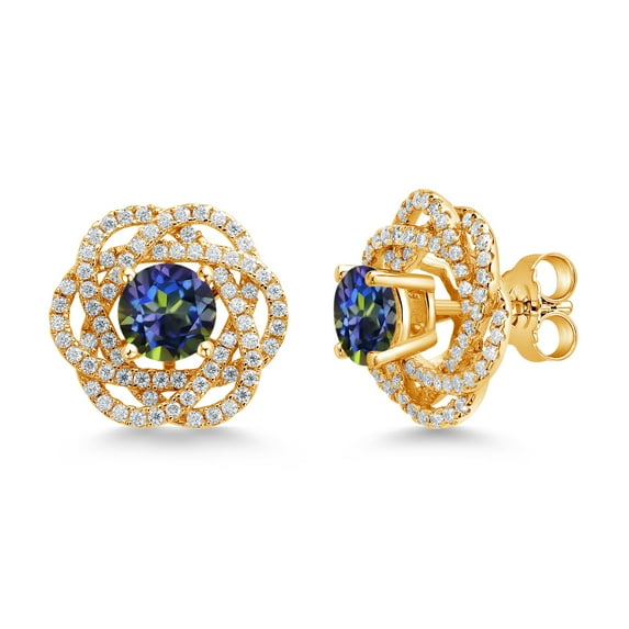 Gem Stone King 18K Yellow Gold Plated Silver Stud Earrings with Jackets Mystic Topaz and Moissanite (2.72 Cttw)