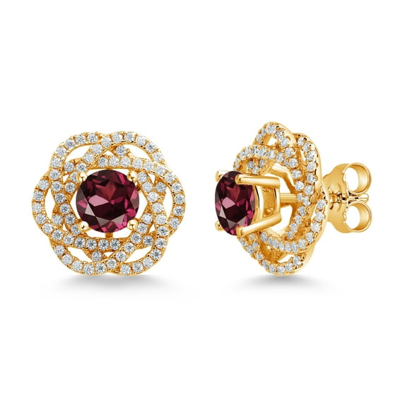 Gem Stone King 18K Yellow Gold Plated Silver Stud Earrings with Jackets Rhodolite Garnet and Moissanite (2.72 Cttw)