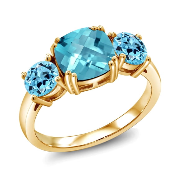 Gem Stone King 18K Yellow Gold Plated Silver Swiss Blue Topaz 3 Stone Engagement Ring for Women (3.85 Cttw, Gemstone November Birthstone, Cushion Checkerboard 8MM, Size 9)