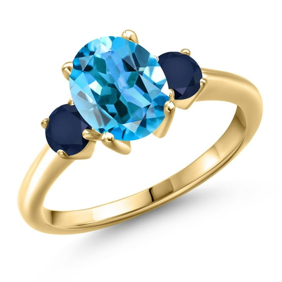 Gem Stone King 18K Yellow Gold Plated Silver Swiss Blue Topaz and Blue Sapphire Engagement Ring for Women | 2.95 Cttw | Oval 9X7MM | Gemstone November Birthstone | Size 5