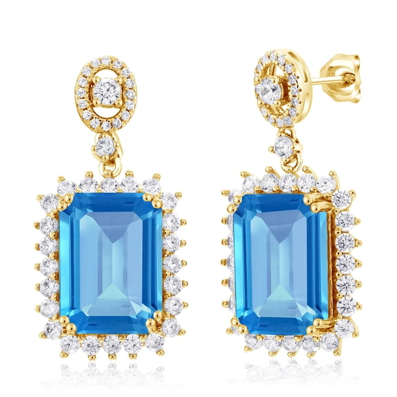 Gem Stone King 18K Yellow Gold Plated Silver Swiss Blue Topaz Dangle Earrings for Women (19.10 Cttw, Gemstone November Birthstone, Emerald Cut 14X10MM)