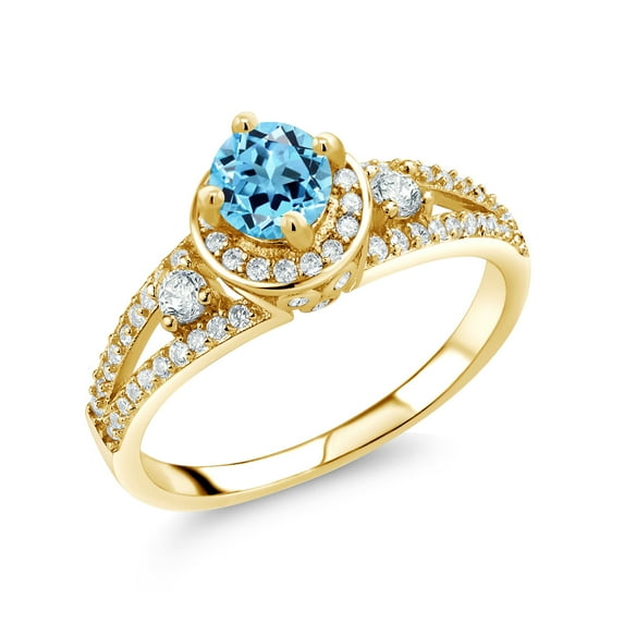 Gem Stone King 18K Yellow Gold Plated Silver Swiss Blue Topaz Engagement Ring for Women (1.59 Cttw, Round 5MM, Gemstone November Birthstone, Size 6)