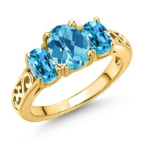 Gem Stone King 18K Yellow Gold Plated Silver Swiss Blue Topaz Filigree Style 3 Stone Ring for Women (2.40 Cttw, Oval 8X6MM and 6X4MM) (Size 5)