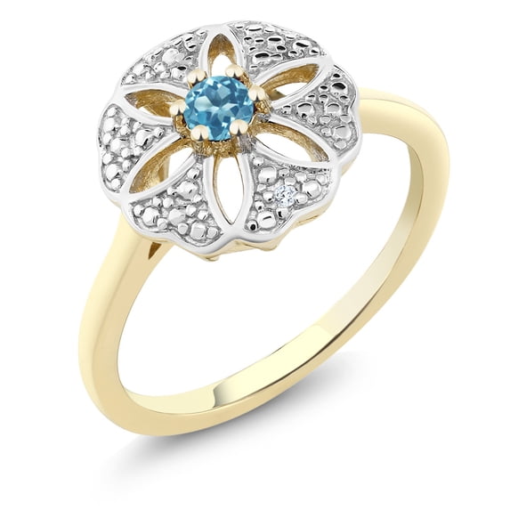 Gem Stone King 18K Yellow Gold Plated Silver Swiss Blue Topaz and I Diamond Engagement Ring for Women | 0.15 Cttw | Round 3MM | Gemstone November Birthstone | Size 8