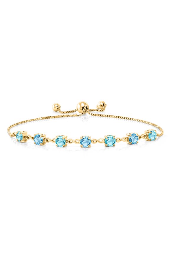 18K Yellow Gold Plated Silver Swiss Blue Topaz Infinity Links Bracelet for Women (3.50 Cttw, Round 4.5MM, Fully Adjustable up to 9 inch)