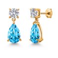 thumbnail image 1 of Gem Stone King 18K Yellow Gold Plated Silver Swiss Blue Topaz and Lab Grown Diamond Earrings for Women | 8.94 Cttw | Gemstone November Birthstone | Pear Shape 12X8MM, 1 of 4