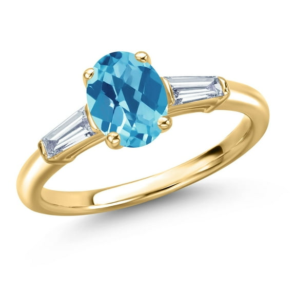 Gem Stone King 18K Yellow Gold Plated Silver Swiss Blue Topaz and Lab Grown Diamond Engagement Ring for Women | 1.60 Cttw | Oval Checkerboard 8X6MM | Gemstone November Birthstone | Size 9