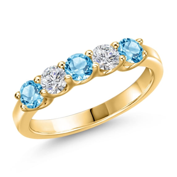 Gem Stone King 18K Yellow Gold Plated Silver Swiss Blue Topaz and Lab Grown Diamond Wedding-Bands Ring for Women | 0.94 Cttw | Round 3.5MM | Gemstone November Birthstone | Size 5