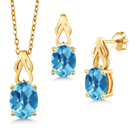Gem Stone King 18K Yellow Gold Plated Silver Swiss Blue Topaz Pendant and Earrings Jewelry Set for Women | 6.75 Cttw | Oval 9X7 | Gemstone November Birthstone | with 18 inch Chain