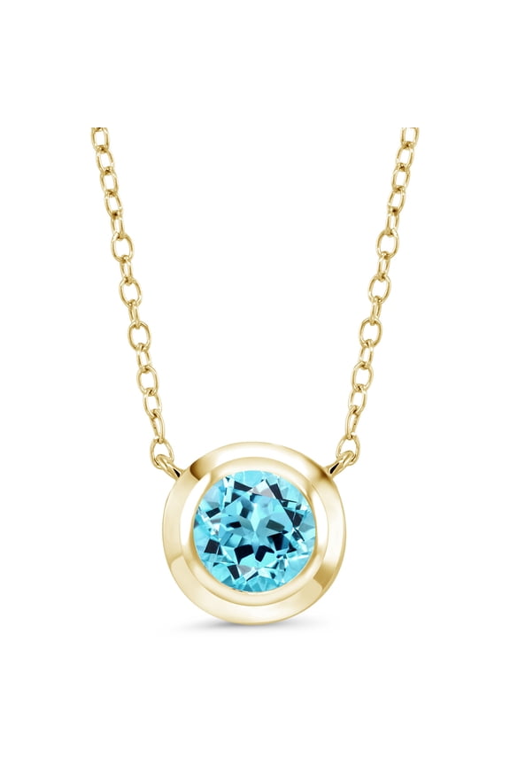 18K Yellow Gold Plated Silver Swiss Blue Topaz Pendant Necklace for Women (1.20 Cttw, Round 6.5MM, with 18 inch Silver Chain)