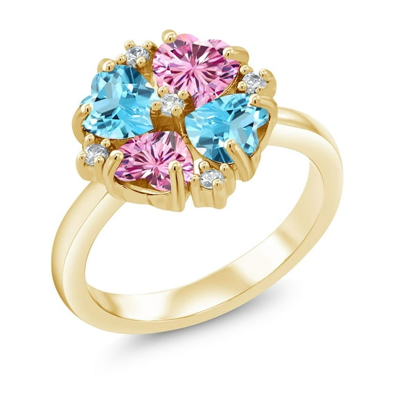 Gem Stone King 18K Yellow Gold Plated Silver Swiss Blue Topaz and Pink Moissanite Ring for Women (2.18 Cttw, Heart Shape 5MM, Gemstone November Birthstone, Size 6)