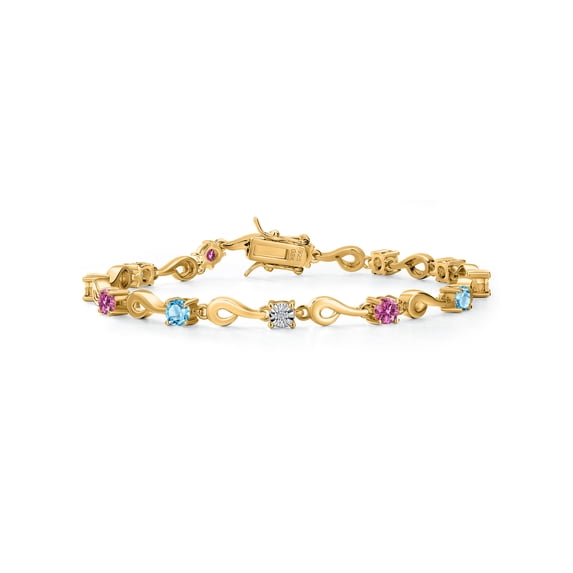 Gem Stone King 18K Yellow Gold Plated Silver Swiss Blue Topaz and Pink Moissanite and White Lab Grown Diamond Bracelet for Women (2.71 Cttw, Gemstone November Birthstone, Round 4MM, 7 inch)