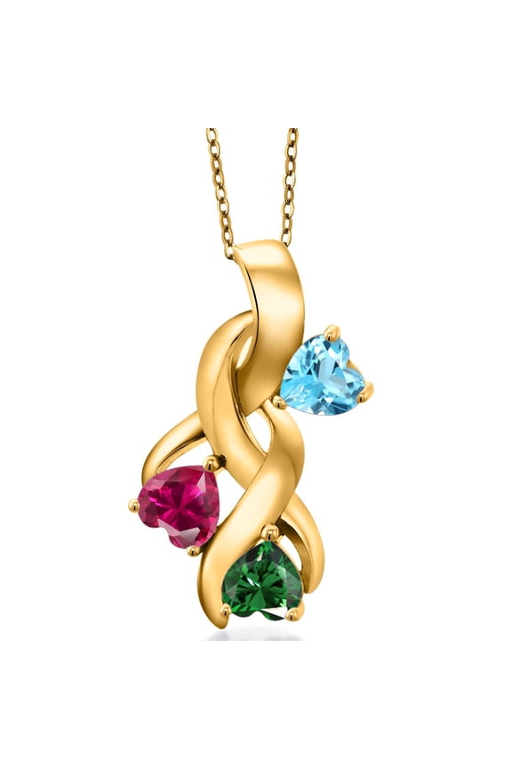 18K Yellow Gold Plated Silver Swiss Blue Topaz and Red Created Ruby and Green Nano Emerald Pendant for Women (1.65 Cttw, Gemstone November Birthstone, Heart Shape 5MM, 18 inch Chain)
