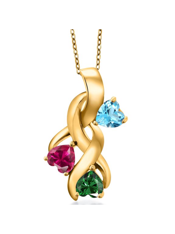 18K Yellow Gold Plated Silver Swiss Blue Topaz and Red Created Ruby and Green Nano Emerald Pendant for Women (1.65 Cttw, Gemstone November Birthstone, Heart Shape 5MM, 18 inch Chain)