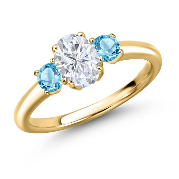 Gem Stone King 18K Yellow Gold Plated Silver White Moissanite and Swiss Blue Topaz Engagement Ring for Women | 1.30 Cttw | Oval 7X5MM | Gemstone Birthstone | Size 9