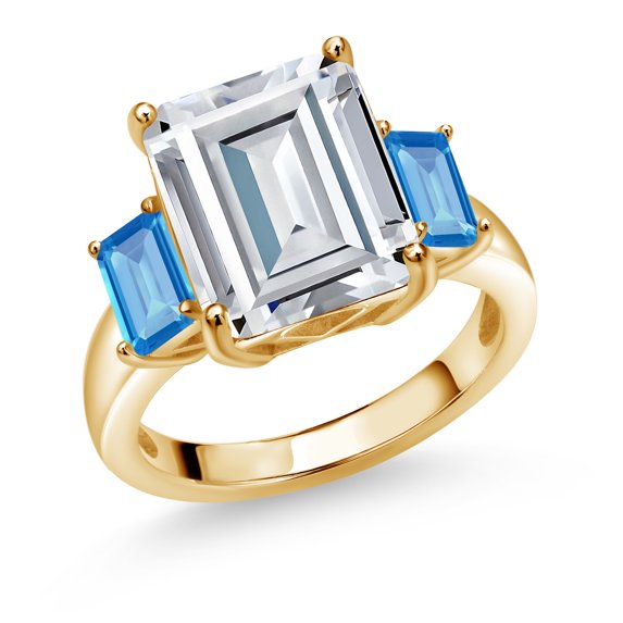 Gem Stone King 18K Yellow Gold Plated Silver Swiss Blue Topaz Ring Set with Moissanite (8.78 Cttw) (Size 9)