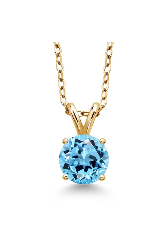 18K Yellow Gold Plated Silver Swiss Blue Topaz Solitaire Pendant Necklace for Women (2.25 Cttw, Round 8MM, Gemstone November Birthstone, With 18 inch Chain)