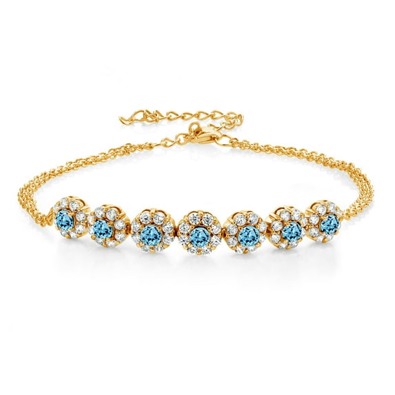 Gem Stone King 18K Yellow Gold Plated Silver Swiss Blue Topaz Tennis Bracelet for Women | 2.24 Cttw | Gemstone November Birthstone | 7 inch with 2 inch Extender