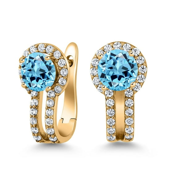 Gem Stone King 18K Yellow Gold Plated Silver Swiss Blue Topaz and White Created Sapphire Earrings for Women (1.80 Cttw, Gemstone November Birthstone, Round 5MM)