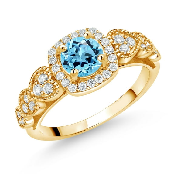 Gem Stone King 18K Yellow Gold Plated Silver Swiss Blue Topaz and White Moissanite Engagement Ring for Women (1.38 Cttw, Round 6MM, Gemstone November Birthstone, Size 9)