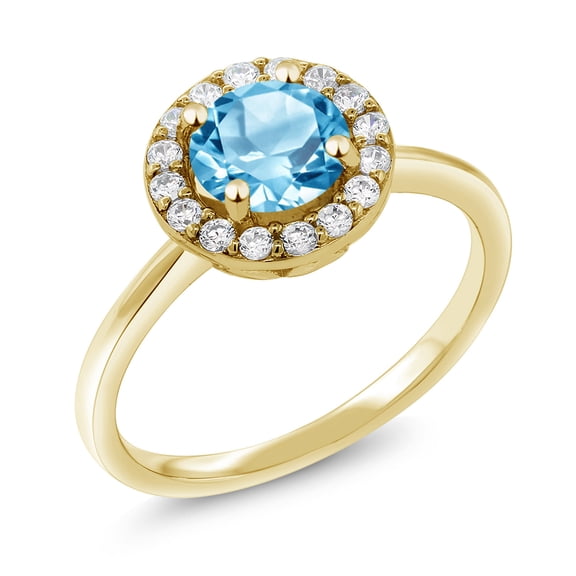 Gem Stone King 18K Yellow Gold Plated Silver Swiss Blue Topaz and White Moissanite Halo Engagement Ring for Women (1.78 Cttw, Gemstone November Birthstone, Round 7MM, Size 6)