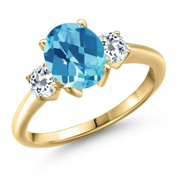 Gem Stone King 18K Yellow Gold Plated Silver Swiss Blue Topaz and White Topaz Engagement Ring for Women | 2.91 Cttw | Oval Checkerboard 9X7MM | Gemstone November Birthstone | Size 8