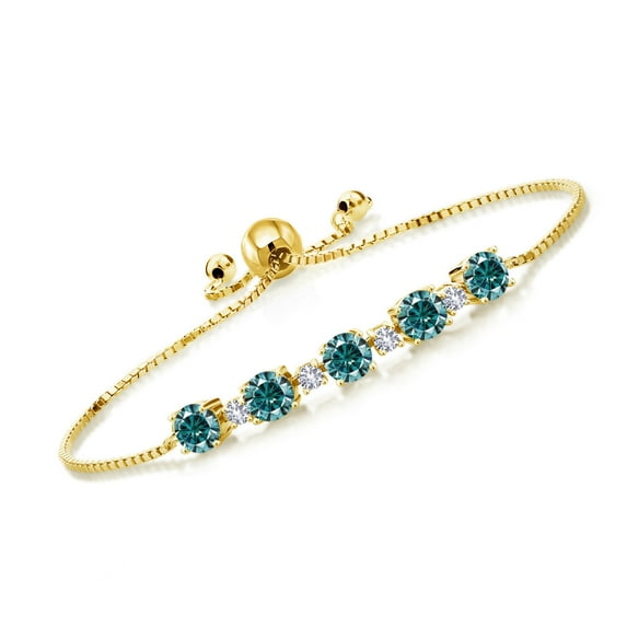 Gem Stone King 18K Yellow Gold Plated Silver Tennis Bracelet for Women Round Blue Moissanite and Created Sapphire White 2.70cttw