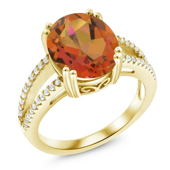 Gem Stone King 18K Yellow Gold Plated Silver Twilight Orange Mystic Quartz Ring for Women (4.48 Cttw, Oval 12X10MM, Gemstone Birthstone, Available in Size 5, 6, 7, 8, 9)