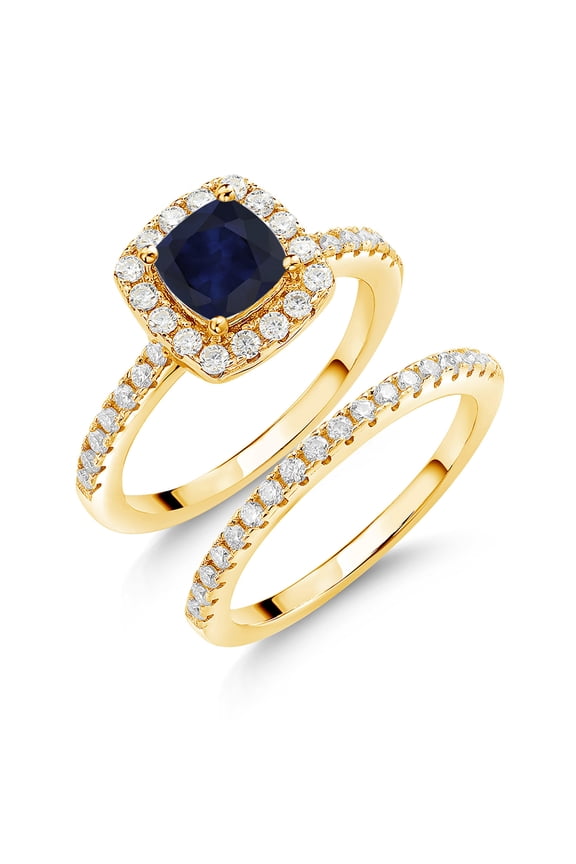 18K Yellow Gold Plated Silver Wedding Engagement Ring Band Bridal Cushion Blue Sapphire and Moissanite (1.82 Cttw, Gemstone Birthstone, Available in Size 5, 6, 7, 8, 9)