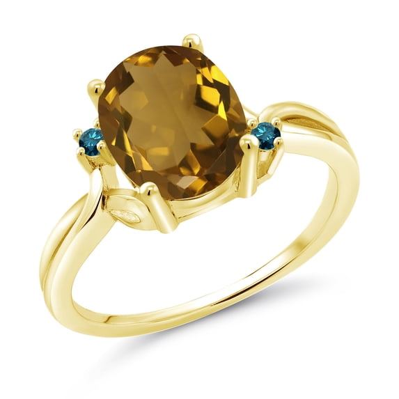 Gem Stone King 18K Yellow Gold Plated Silver Whiskey Quartz and Blue Diamond 3 Stone Ring for Women (2.03 Cttw, Oval 10X8MM, Gemstone Birthstone, Size 7)