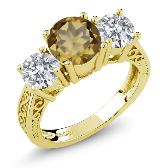 Gem Stone King 18K Yellow Gold Plated Silver Whiskey Quartz and Lab Grown Diamond Engagement Ring for Women | 2.25 Cttw | Round 7MM | Gemstone Birthstone | Size 7