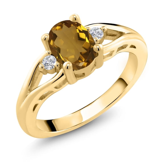 Gem Stone King 18K Yellow Gold Plated Silver Whiskey Quartz and White Lab Grown Diamond 3 Stone Engagement Ring for Women | 1.08 Cttw | Oval 8X6MM | Round 2MM | Gemstone Birthstone | Size 5