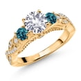 thumbnail image 1 of 18K Yellow Gold Plated Silver White Created Sapphire London Blue Topaz and White Moissanite Engagement Ring for Women (1.53 Cttw, Gemstone September Birthstone, Round 6MM and 3MM, Size 7), 1 of 4