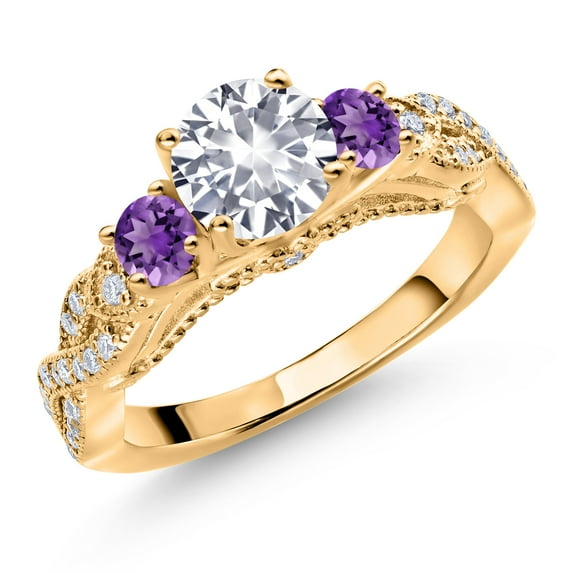18K Yellow Gold Plated Silver White Created Sapphire Purple Amethyst and White Moissanite Engagement Ring for Women (1.47 Cttw, Gemstone September Birthstone, Round 6MM and 3MM, Size 7)