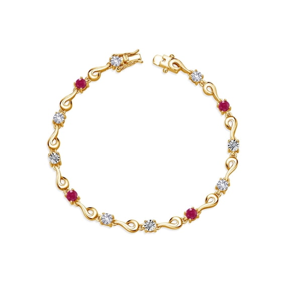 Gem Stone King 18K Yellow Gold Plated Silver White Created Sapphire and Red Ruby and White Lab Grown Diamond Bracelet for Women (2.67 Cttw, Gemstone September Birthstone, Round 4MM, 7 inch)