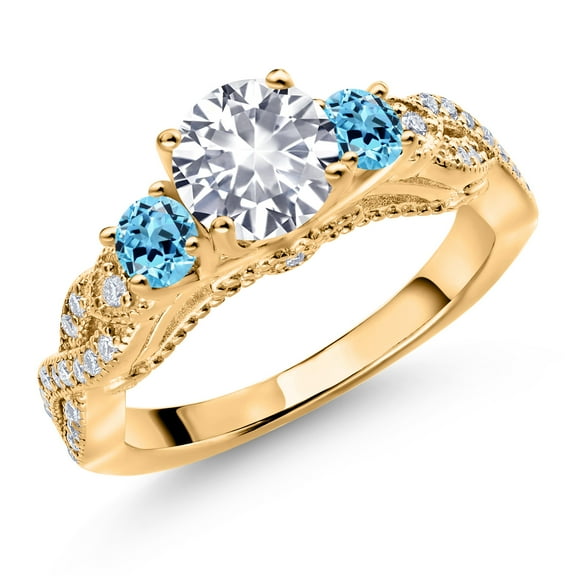 18K Yellow Gold Plated Silver White Created Sapphire Swiss Blue Topaz and White Moissanite Engagement Ring for Women (1.57 Cttw, Gemstone September Birthstone, Round 6MM and 3MM, Size 8)